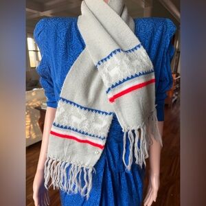 Unisex Vintage 1970’s/1980’s Knit Reindeer Scarf with Fringe Gray Blue Red White